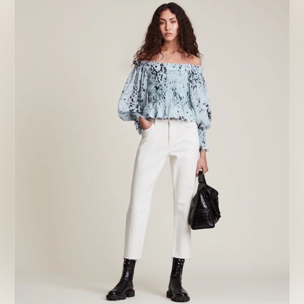 AllSaints || Lara Portland‎ Top Smocked Puff Sleeve Blue US 8 NWT